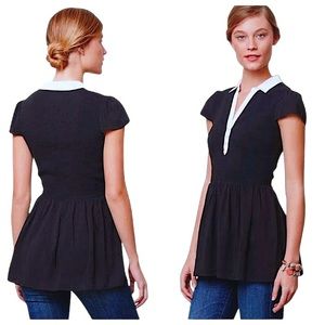 Anthropologie Preppy Tunic 2 Small Blouse Black White Trim Retro Fit + Flare NWT